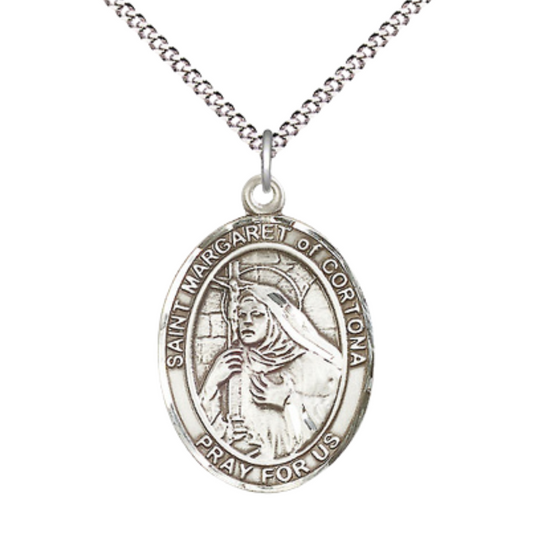 Women's Pewter Saint St. Margaret of Cortona Medal Pendant on 18 Inch Rhodium Plated Lite Curb Brass Chain with Lobster Claw Clasp, Catholic Religious Necklace - Made in USA- Deluxe Velvet Gift Box