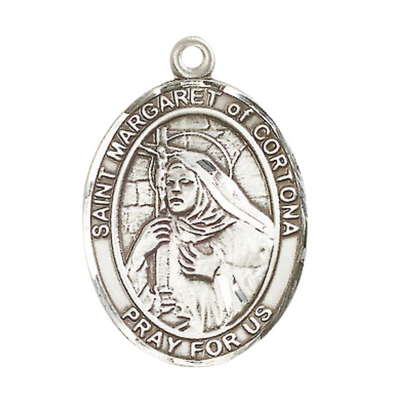Saint St. Margaret of Cortona Medal Necklace – Men's Pewter Pendant with 24 - Inch Light Rhodium Plated plated Chain – Patron Saint St. of Midwives & the Homeless, Catholic Medal – Velvet Gift Box Included