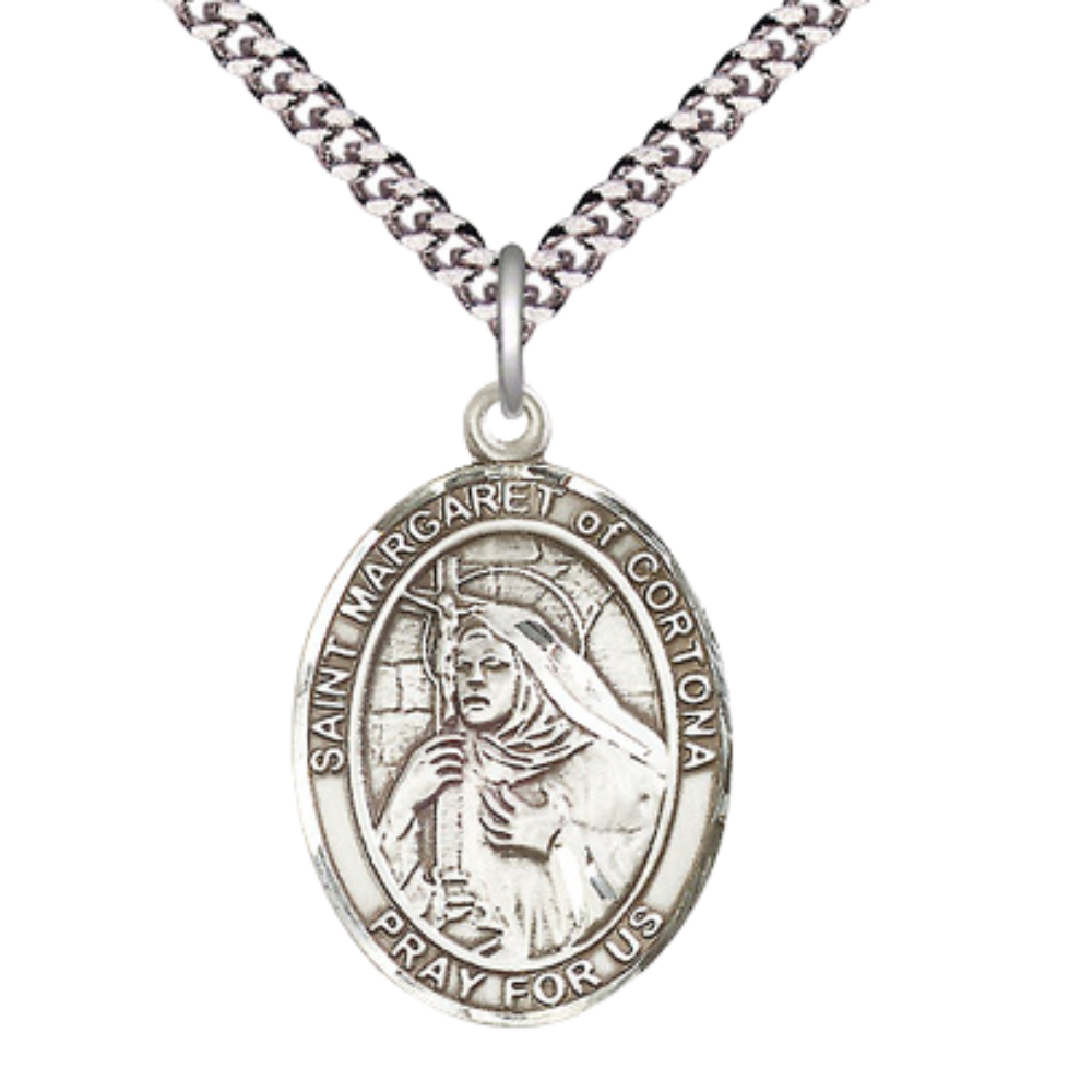 Saint St. Margaret of Cortona Medal Necklace – Men's Pewter Pendant with 24 - Inch Light Rhodium Plated plated Chain – Patron Saint St. of Midwives & the Homeless, Catholic Medal – Velvet Gift Box Included