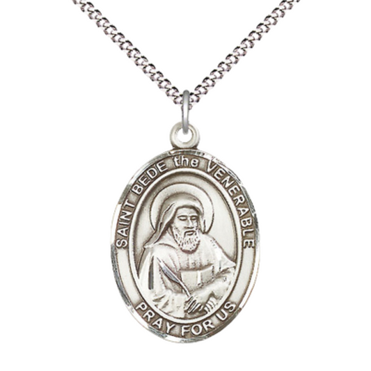 Women's Pewter Saint St. Bede the Venerable Medal Pendant on 18 Inch Rhodium Plated Lite Curb Brass Chain with Lobster Claw Clasp, Catholic Religious Necklace - Made in USA- Deluxe Velvet Gift Box