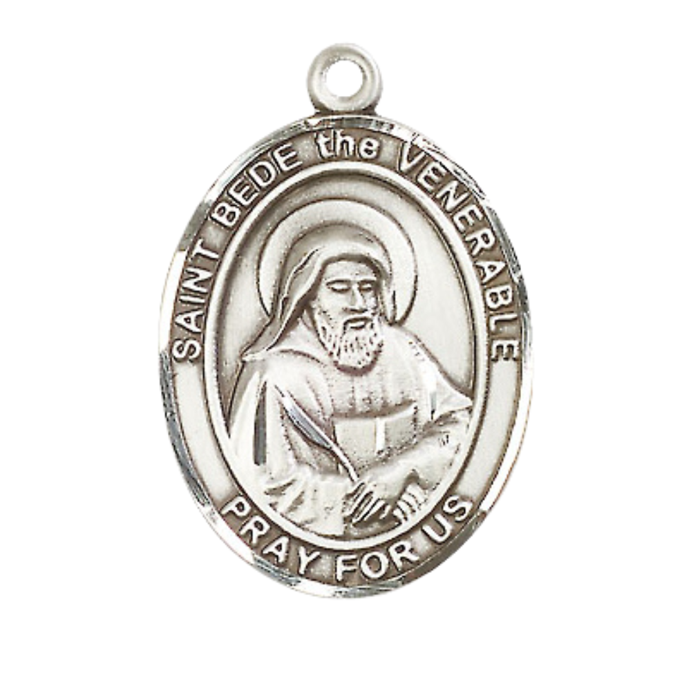 Women's Pewter Saint St. Bede the Venerable Medal Pendant on 18 Inch Rhodium Plated Lite Curb Brass Chain with Lobster Claw Clasp, Catholic Religious Necklace - Made in USA- Deluxe Velvet Gift Box