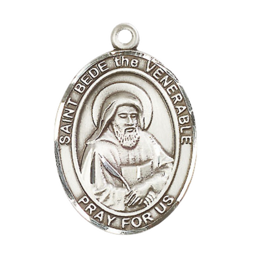 .925 Sterling Silver Saint St. Bede the Venerable Medal Pendant on 24 Inch Rhodium Plated Heavy Curb Brass Chain with Lobster Claw clasp, Catholic Religious Necklace - Made in USA- Deluxe Velvet Gift Box