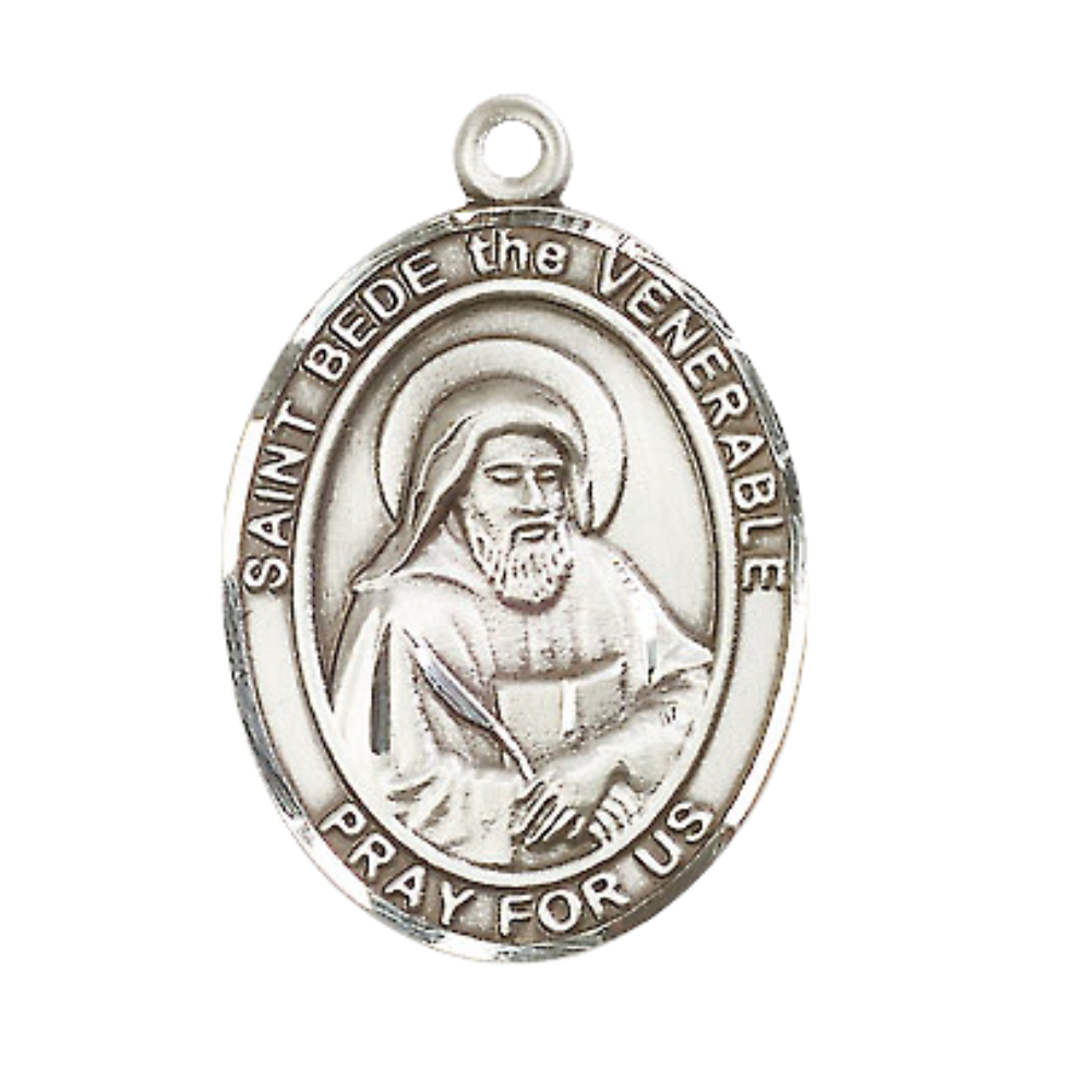 Saint St. Bede the Venerable Medal Necklace – Men's .925 Sterling Silver Pendant with 24- Inch Light Rhodium Plated Heavy Curb Chain – Patron Saint St. of Lectors, Catholic Medal – Velvet Gift Box Included