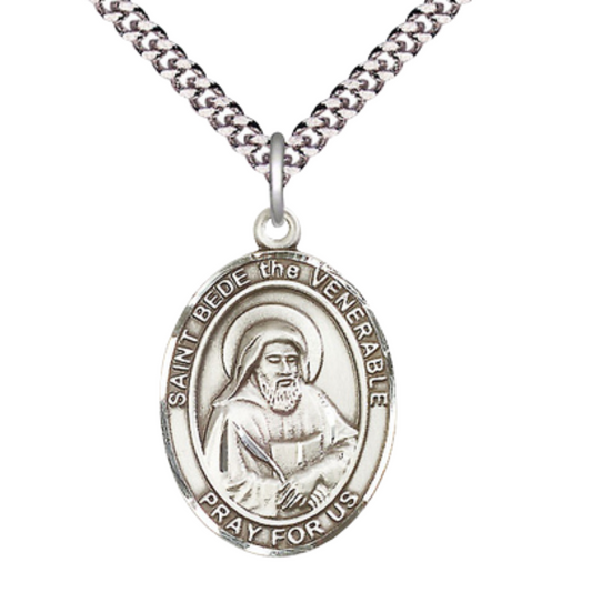 Saint Bede the Venerable Medal Necklace – Men's Pewter Pendant with 24-Inch Light Rhodium Plated plated Chain – Patron Saint of Lectors – Velvet Gift Box Included