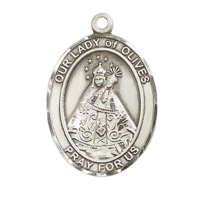 Women's Pewter Our Lady of Olives Medal Pendant on 18 Inch Rhodium Plated Lite Curb Brass Chain with Lobster Claw Clasp, Catholic Religious Necklace - Made in USA- Deluxe Velvet Gift Box