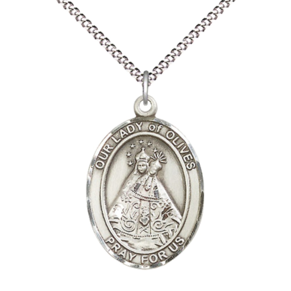 Women's .925 Sterling Silver Our Lady of Olives Medal Pendant on 18 Inch Rhodium Plated Lite Curb Brass Chain with Lobster Claw Clasp, Catholic Religious Necklace - Made in USA- Deluxe Velvet Gift Box