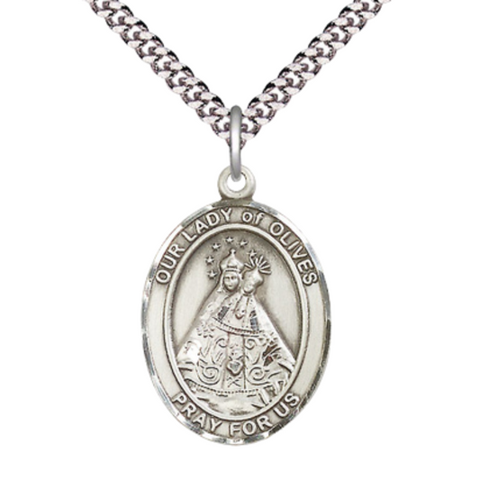 Our Lady of Olives Medal Necklace – Men's .925 Sterling Silver Pendant with 24- Inch Light Rhodium Plated Heavy Curb Chain, Catholic Medal – Velvet Gift Box Included