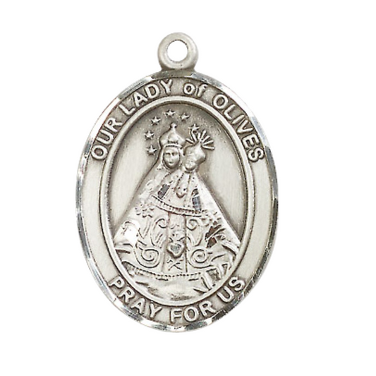 .925 Sterling Silver Our Lady of Olives Medal Pendant on 24 Inch Rhodium Plated Heavy Curb Brass Chain with Lobster Claw clasp, Catholic Religious Necklace - Made in USA- Deluxe Velvet Gift Box