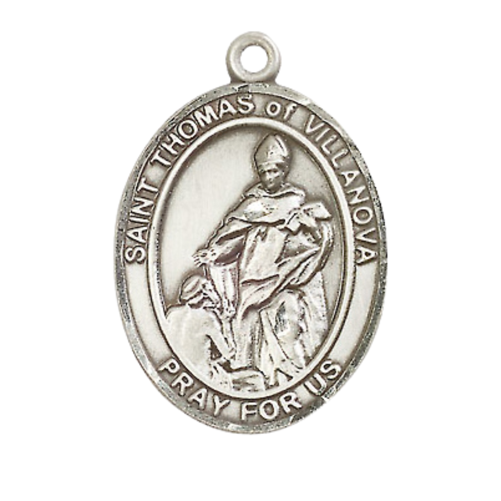 Women's Pewter Saint St. Thomas of Villanova Medal Pendant on 18 Inch Rhodium Plated Lite Curb Brass Chain with Lobster Claw Clasp, Catholic Religious Necklace - Made in USA- Deluxe Velvet Gift Box