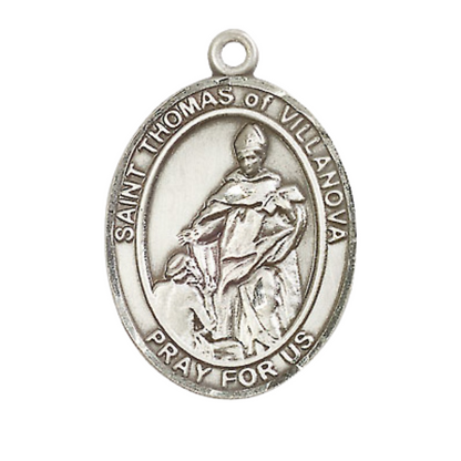 Women's Pewter Saint St. Thomas of Villanova Medal Pendant on 18 Inch Rhodium Plated Lite Curb Brass Chain with Lobster Claw Clasp, Catholic Religious Necklace - Made in USA- Deluxe Velvet Gift Box