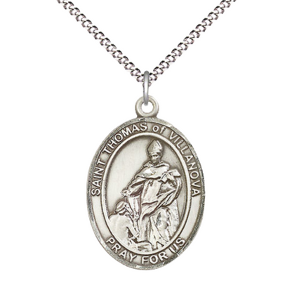 Women's Pewter Saint St. Thomas of Villanova Medal Pendant on 18 Inch Rhodium Plated Lite Curb Brass Chain with Lobster Claw Clasp, Catholic Religious Necklace - Made in USA- Deluxe Velvet Gift Box