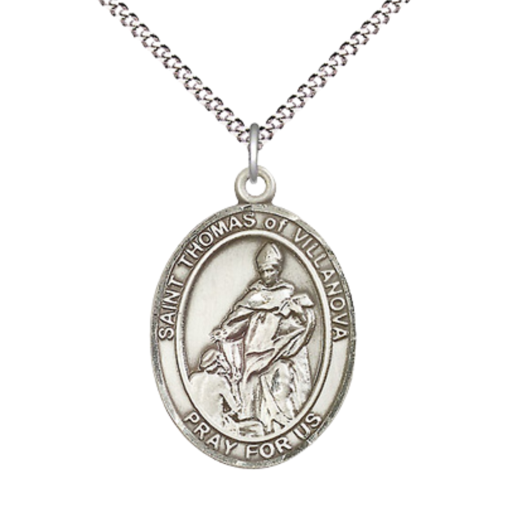 Women's .925 Sterling Silver Saint St. Thomas of Villanova Medal Pendant on 18 Inch Rhodium Plated Lite Curb Brass Chain with Lobster Claw Clasp, Catholic Religious Necklace - Made in USA- Velvet Gift Box