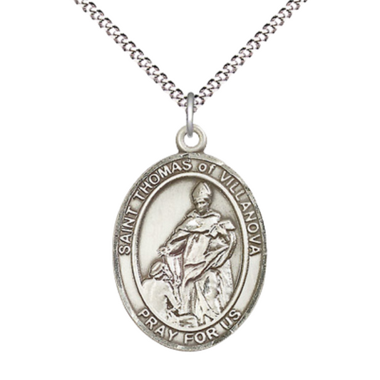 Women's .925 Sterling Silver Saint St. Thomas of Villanova Medal Pendant on 18 Inch Rhodium Plated Lite Curb Brass Chain with Lobster Claw Clasp, Catholic Religious Necklace - Made in USA- Velvet Gift Box