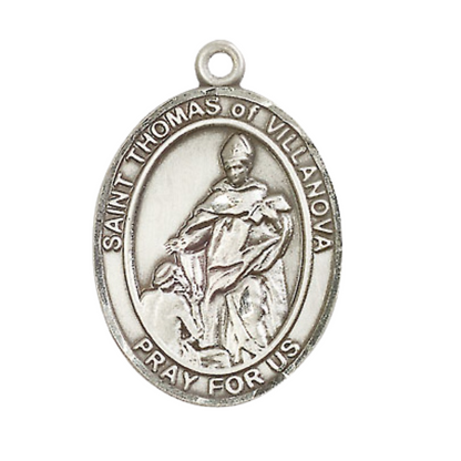 Oval Pewter Saint St. Thomas of Villanova Medal Pendant on 24 inch Rhodium Plated Heavy Curb Brass Chain with Lobster Claw clasp, Catholic Religious Necklace - Made in USA - Deluxe Velvet Gift Box
