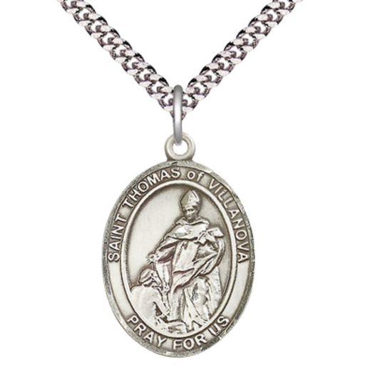 Oval Pewter Saint St. Thomas of Villanova Medal Pendant on 24 inch Rhodium Plated Heavy Curb Brass Chain with Lobster Claw clasp, Catholic Religious Necklace - Made in USA - Deluxe Velvet Gift Box