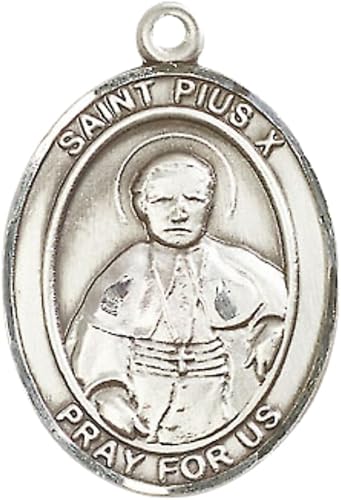 1 x 3/4" Oval Pewter Saint St. Pius X Medal Pendant on 24 inch Rhodium Plated Heavy Curb Brass Chain with Lobster Claw clasp, Catholic Religious Necklace - Made in USA - Deluxe Velvet Gift Box