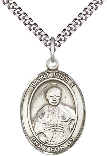 Saint St. Pius X Medal Necklace – Men's Pewter Pendant with 24 - Inch Light Rhodium Plated plated Chain – Patron Saint St. of First Communicants, Catholic Medal – Velvet Gift Box Included