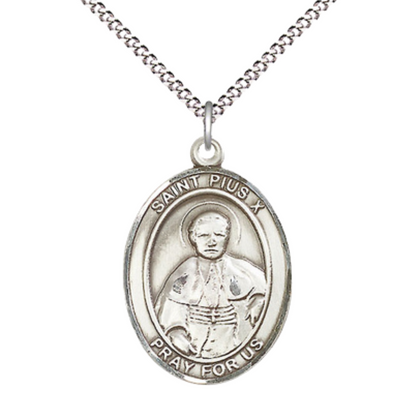 Women's .925 Sterling Silver Saint St. Pius X Medal Pendant on 18 Inch Rhodium Plated Lite Curb Brass Chain with Lobster Claw Clasp, Catholic Religious Necklace - Made in USA- Deluxe Velvet Gift Box