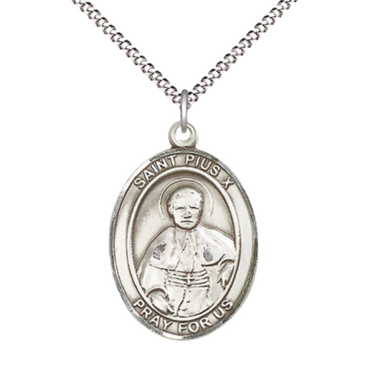Women's Pewter Saint St. Pius X Medal Pendant on 18 Inch Rhodium Plated Lite Curb Brass Chain with Lobster Claw Clasp, Catholic Religious Necklace - Made in USA- Deluxe Velvet Gift Box