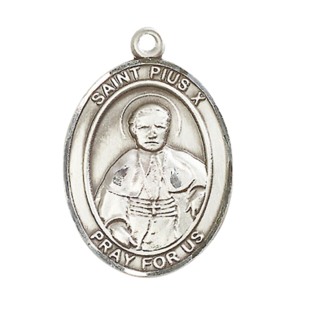 Oval .925 Sterling Silver Saint St. Pius X Medal Pendant on 24 Inch Rhodium Plated Heavy Curb Brass Chain with Lobster Claw clasp, Catholic Religious Necklace - Made in USA- Deluxe Velvet Gift Box