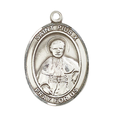 Oval .925 Sterling Silver Saint St. Pius X Medal Pendant on 24 Inch Rhodium Plated Heavy Curb Brass Chain with Lobster Claw clasp, Catholic Religious Necklace - Made in USA- Deluxe Velvet Gift Box