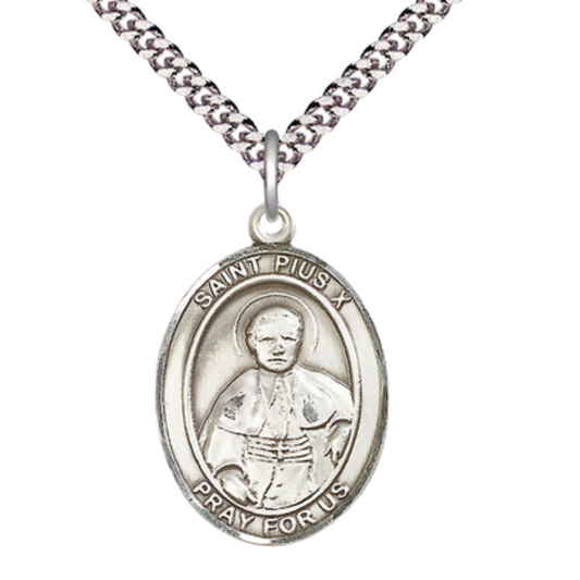 Oval .925 Sterling Silver Saint St. Pius X Medal Pendant on 24 Inch Rhodium Plated Heavy Curb Brass Chain with Lobster Claw clasp, Catholic Religious Necklace - Made in USA- Deluxe Velvet Gift Box
