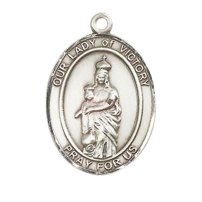 Women's Pewter Our Lady of Victory Medal Pendant on 18 Inch Rhodium Plated Lite Curb Brass Chain with Lobster Claw Clasp, Catholic Religious Necklace - Made in USA- Deluxe Velvet Gift Box
