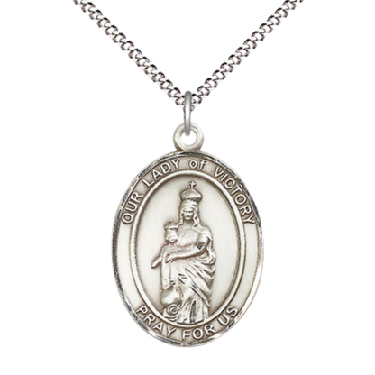 .925 Sterling Silver Our Lady of Victory Large Medal Pendant on 18 Inch Rhodium Plated Lite Curb Brass Chain with Lobster Claw Clasp, Catholic Religious Necklace - Made in USA- Velvet Gift Box