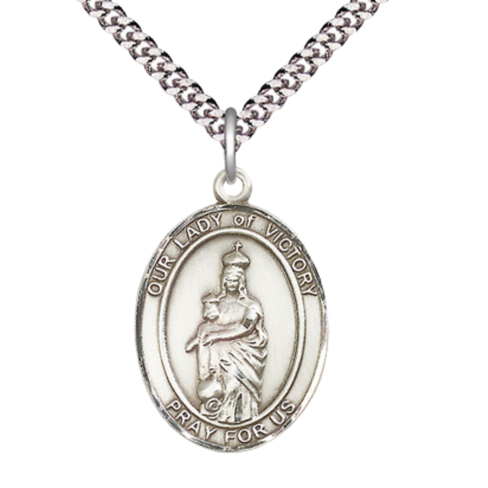 Our Lady of Victory Medal Necklace – Men's Sterling Silver Pendant with 24-Inch Light Rhodium Plated Heavy Curb Chain – Velvet Gift Box Included