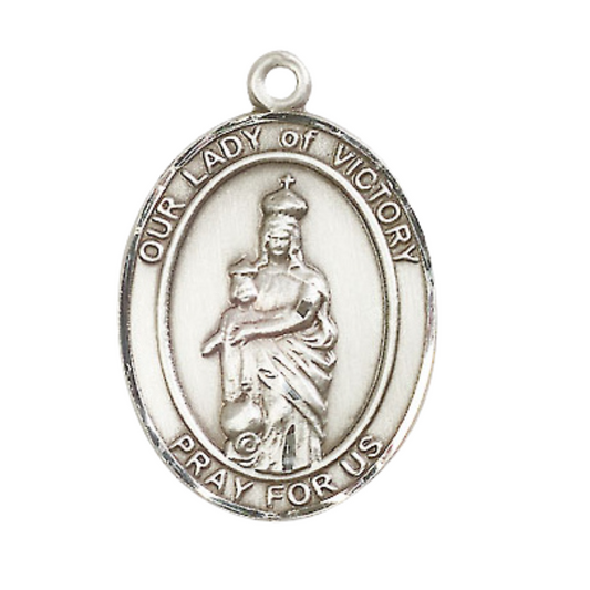 .925 Sterling Silver Our Lady of Victory Medal Pendant on 24 Inch Rhodium Plated Heavy Curb Brass Chain with Lobster Claw clasp, Catholic Religious Necklace - Made in USA- Deluxe Velvet Gift Box