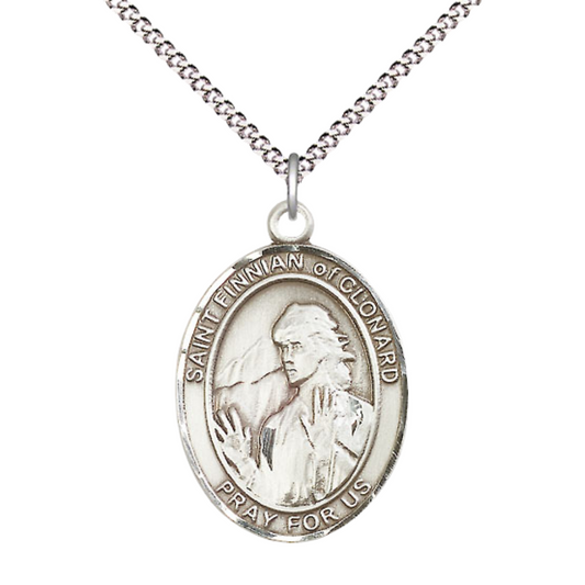 Women's .925 Sterling Silver Saint St. Finnian of Clonard Medal Pendant on 18 Inch Rhodium Plated Lite Curb Brass Chain with Lobster Claw Clasp, Catholic Religious Necklace - Made in USA- Velvet Gift Box