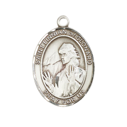 Women's .925 Sterling Silver Saint St. Finnian of Clonard Medal Pendant on 18 Inch Rhodium Plated Lite Curb Brass Chain with Lobster Claw Clasp, Catholic Religious Necklace - Made in USA- Velvet Gift Box