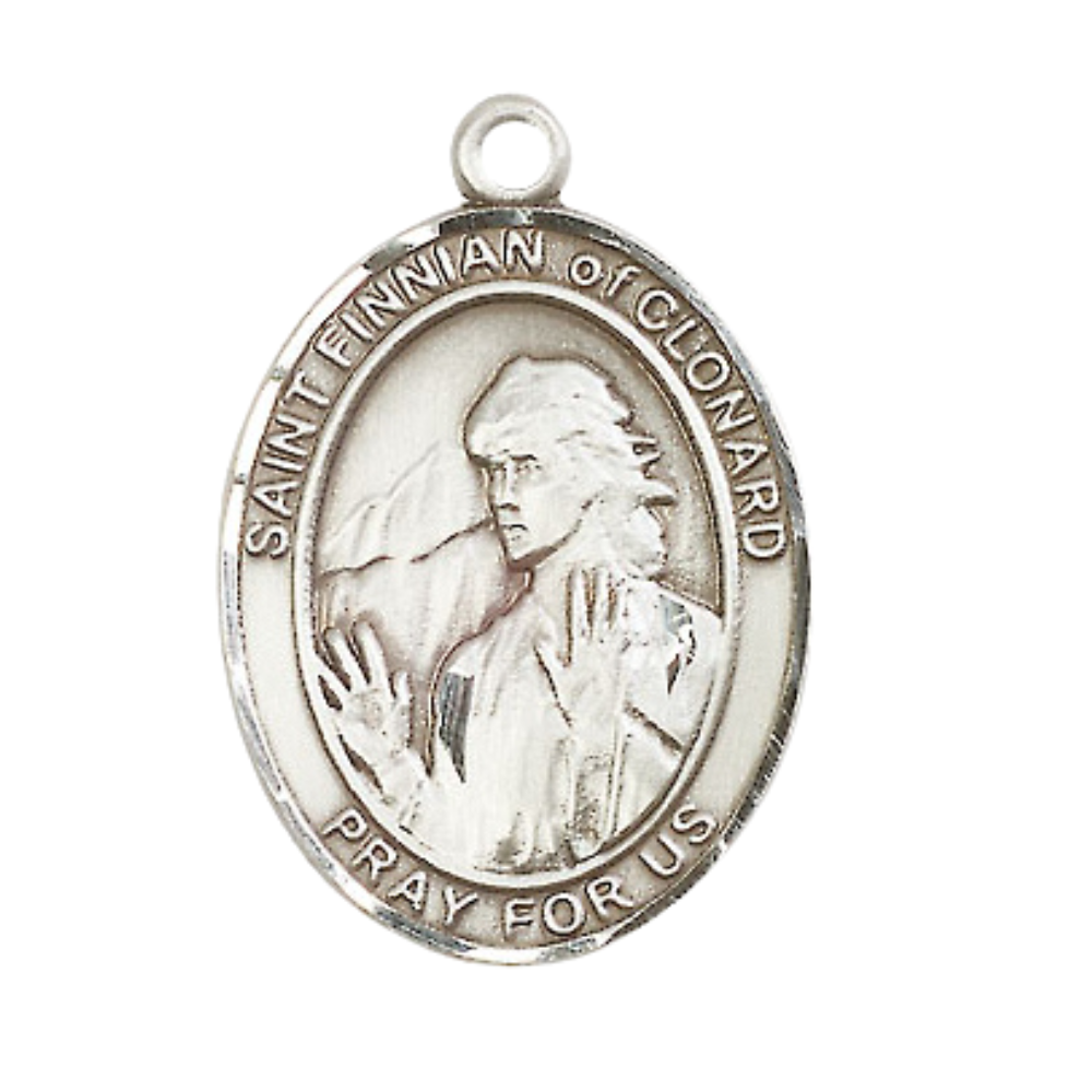 .925 Sterling Silver Saint St. Finnian of Clonard Medal Pendant on 24 Inch Rhodium Plated Heavy Curb Brass Chain with Lobster Claw clasp, Catholic Religious Necklace - Made in USA- Deluxe Velvet Gift Box