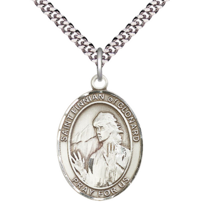 Saint St. Finnian of Clonard Medal Necklace – Men's .925 Sterling Silver Pendant with 24- Inch Light Rhodium Plated Heavy Curb Chain – Patron Saint St. of Teaching & Sharing, Catholic Medal – Velvet Gift Box Included