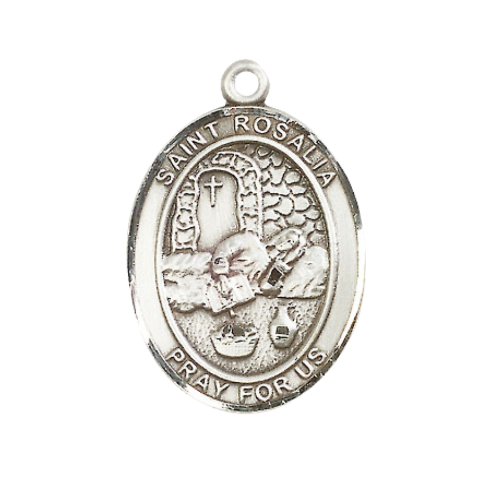 Women's Pewter Saint St. Rosalia Medal Pendant on 18 Inch Rhodium Plated Lite Curb Brass Chain with Lobster Claw Clasp, Catholic Religious Necklace - Made in USA- Deluxe Velvet Gift Box
