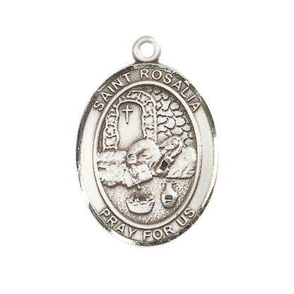 Women's Pewter Saint St. Rosalia Medal Pendant on 18 Inch Rhodium Plated Lite Curb Brass Chain with Lobster Claw Clasp, Catholic Religious Necklace - Made in USA- Deluxe Velvet Gift Box