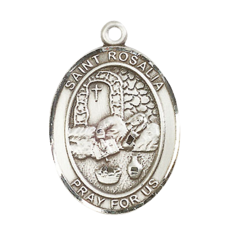 Oval .925 Sterling Silver Saint Rosalia Medal Pendant on 24" Rhodium Plated Heavy Curb Brass Chain with Lobster Claw clasp, Catholic Religious Necklace -Made in USA- Deluxe Velvet Gift Box