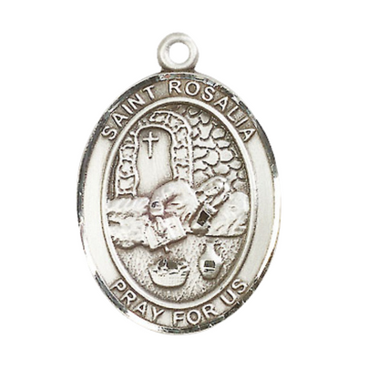 Saint St. Rosalia Medal Necklace – Men's .925 Sterling Silver Pendant with 24- Inch Light Rhodium Plated Heavy Curb Chain – Patron Saint St. of Palermo, Sicily, Catholic Medal – Velvet Gift Box Included
