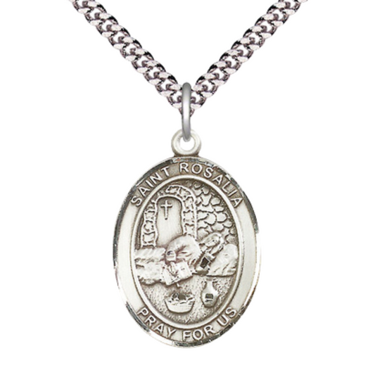 Saint St. Rosalia Medal Necklace – Men's Pewter Pendant with 24 - Inch Light Rhodium Plated plated Chain – Patron Saint St. of Palermo, Sicily, Catholic Medal – Velvet Gift Box Included