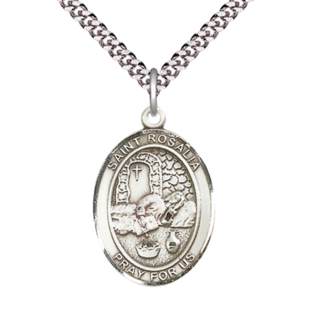 Saint St. Rosalia Medal Necklace – Men's .925 Sterling Silver Pendant with 24- Inch Light Rhodium Plated Heavy Curb Chain – Patron Saint St. of Palermo, Sicily, Catholic Medal – Velvet Gift Box Included