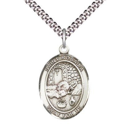 Saint St. Rosalia Medal Necklace – Men's .925 Sterling Silver Pendant with 24- Inch Light Rhodium Plated Heavy Curb Chain – Patron Saint St. of Palermo, Sicily, Catholic Medal – Velvet Gift Box Included