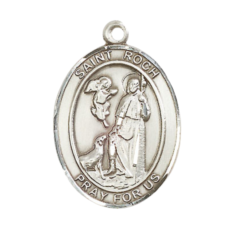 Women's Pewter Saint St. Roch Medal Pendant on 18 Inch Rhodium Plated Lite Curb Brass Chain with Lobster Claw Clasp, Catholic Religious Necklace - Made in USA- Deluxe Velvet Gift Box