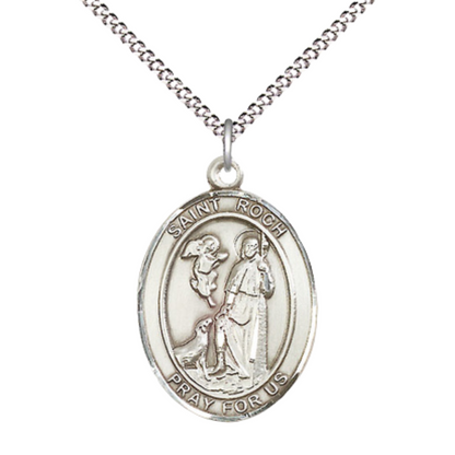 Women's .925 Sterling Silver Saint St. Roch Medal Pendant on 18 Inch Rhodium Plated Lite Curb Brass Chain with Lobster Claw Clasp, Catholic Religious Necklace - Made in USA- Deluxe Velvet Gift Box