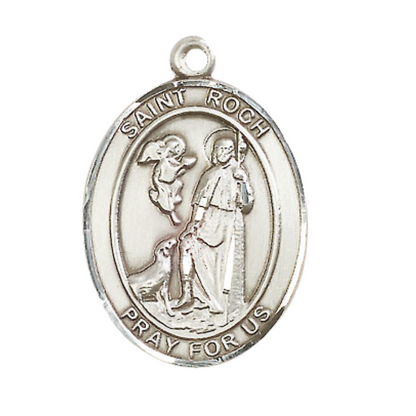 Oval .925 Sterling Silver Saint St. Roch Medal Pendant on 24 inch Rhodium Plated Heavy Curb Brass Chain with Lobster Claw clasp, Catholic Religious Necklace - Made in USA- Deluxe Velvet Gift Box