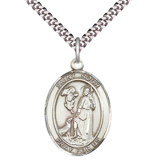 Saint St. Roch Medal Necklace – Men's .925 Sterling Silver Pendant with 24- Inch Light Rhodium Plated Heavy Curb Chain – Patron Saint St. of Bachelors & Dogs, Catholic Medal – Velvet Gift Box Included