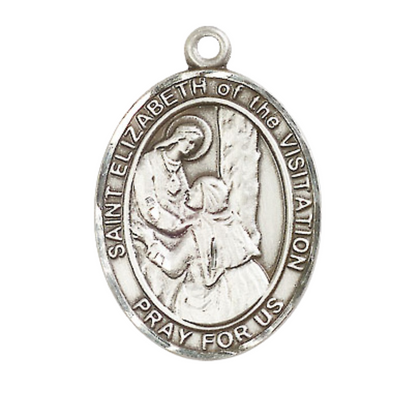 Women's Pewter Saint St. Elizabeth of the Visitation Medal Pendant on 18 Inch Rhodium Plated Lite Curb Brass Chain with Lobster Claw Clasp, Catholic Religious Necklace - Made in USA- Velvet Gift Box