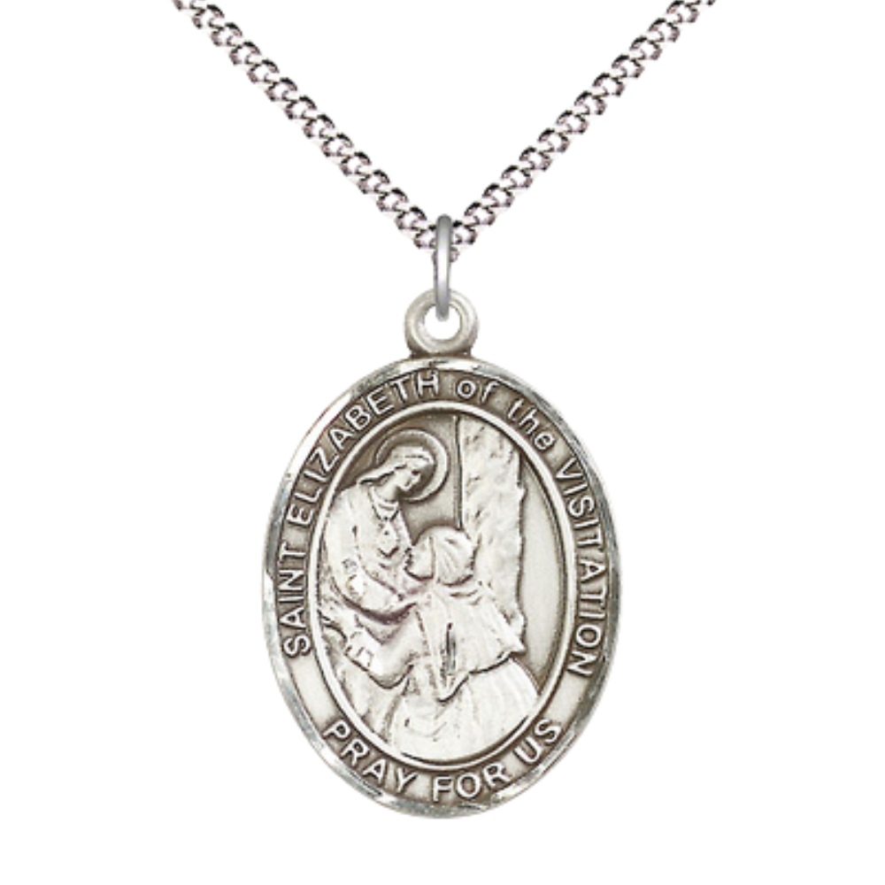 Women's Pewter Saint St. Elizabeth of the Visitation Medal Pendant on 18 Inch Rhodium Plated Lite Curb Brass Chain with Lobster Claw Clasp, Catholic Religious Necklace - Made in USA- Velvet Gift Box