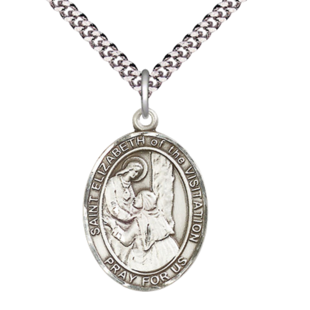 Pewter Saint Elizabeth of the Visitation Medal Pendant on 24" Rhodium Plated Heavy Curb Brass Chain with Lobster Claw clasp, Catholic Religious Necklace -Made in USA- Deluxe Velvet Gift Box