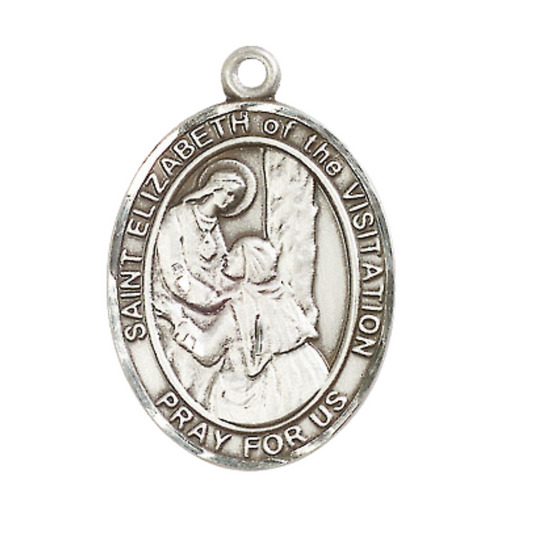 .925 Sterling Silver Saint St. Elizabeth of the Visitation Medal Pendant on 24 Inch Rhodium Plated Heavy Curb Brass Chain w/ Lobster Claw clasp, Catholic Religious Necklace - Made in USA- Velvet Gift Box