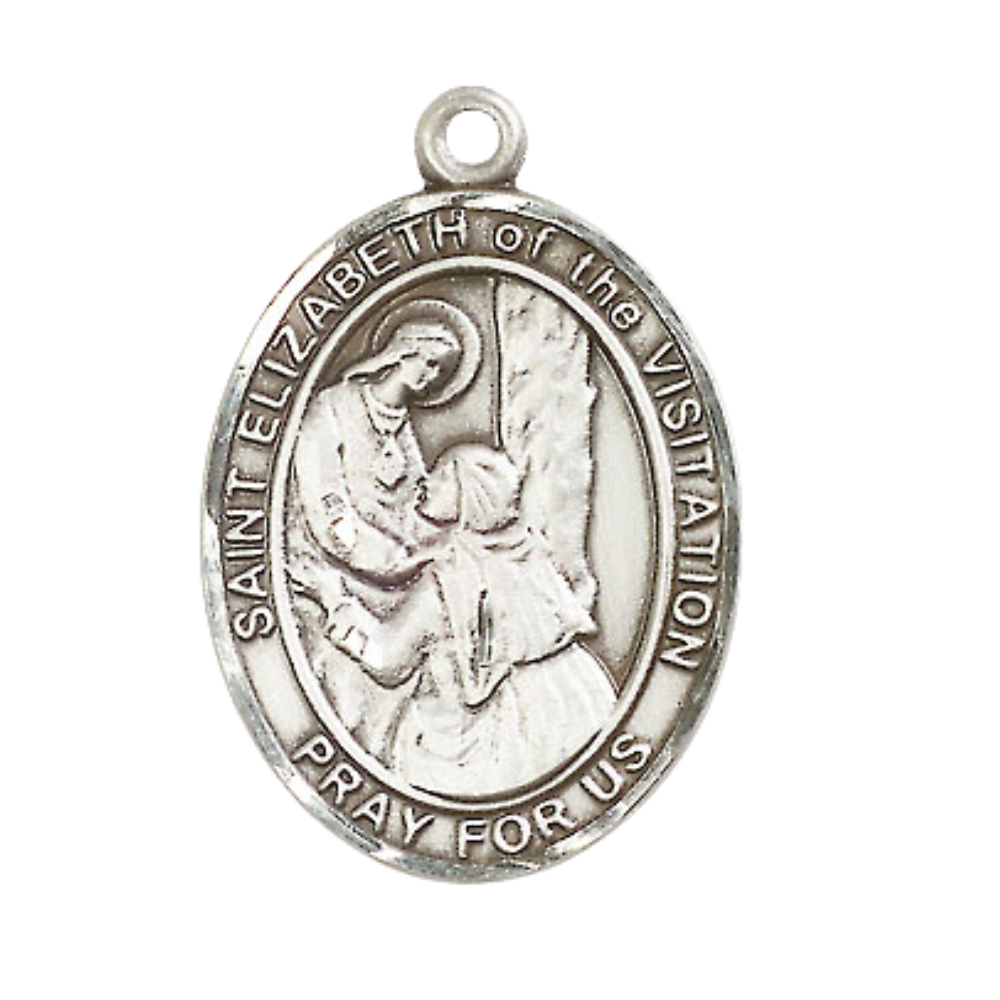Pewter Saint Elizabeth of the Visitation Medal Pendant on 24" Rhodium Plated Heavy Curb Brass Chain with Lobster Claw clasp, Catholic Religious Necklace -Made in USA- Deluxe Velvet Gift Box